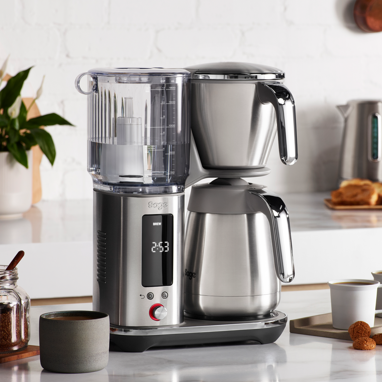 Sage Luxe Brewer™ Thermal Coffee Maker on a kitchen counter with a digital display