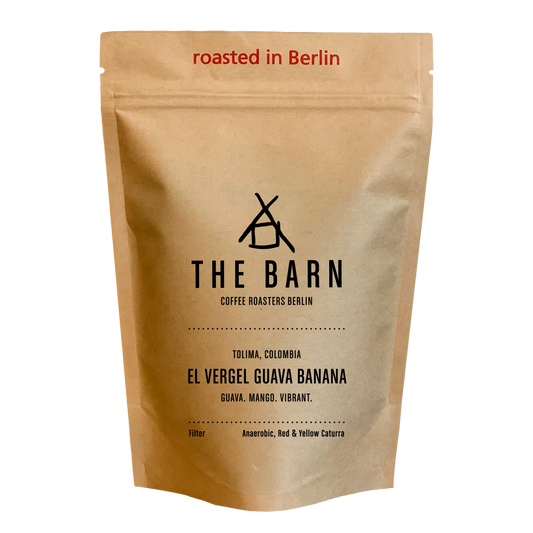 Brown coffee bag with 'El Vergel Guava Beans'