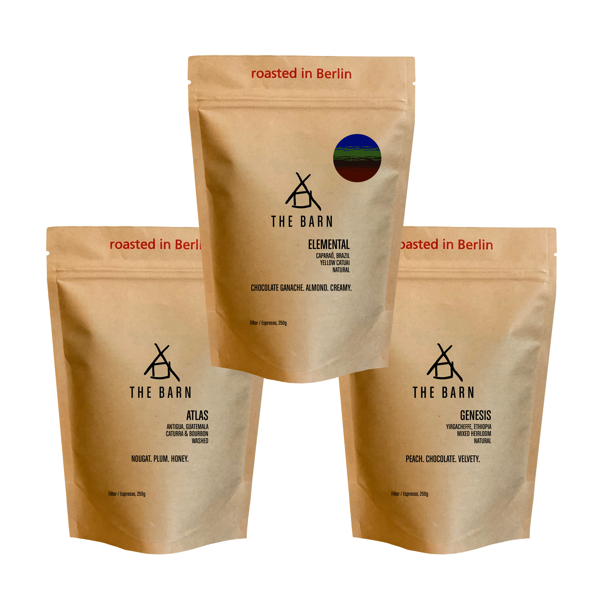 CORE COLLECTION of specialty coffee beans featuring Elemental, Atlas, and Genesis from The Barn, roasted in Berlin.