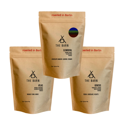 CORE COLLECTION of specialty coffee beans featuring Elemental, Atlas, and Genesis from The Barn, roasted in Berlin.