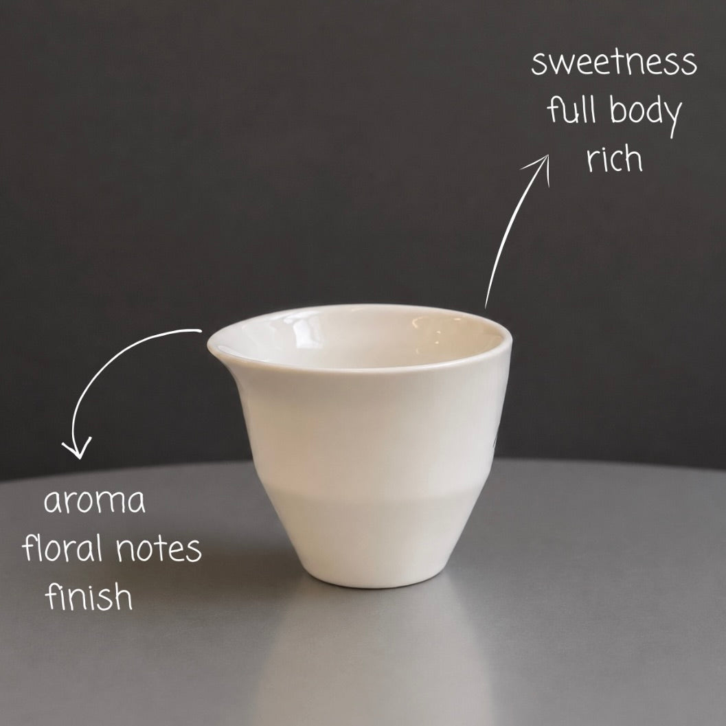 2-WAY CUP showcasing sweetness, body richness, aroma, floral notes, and finish.